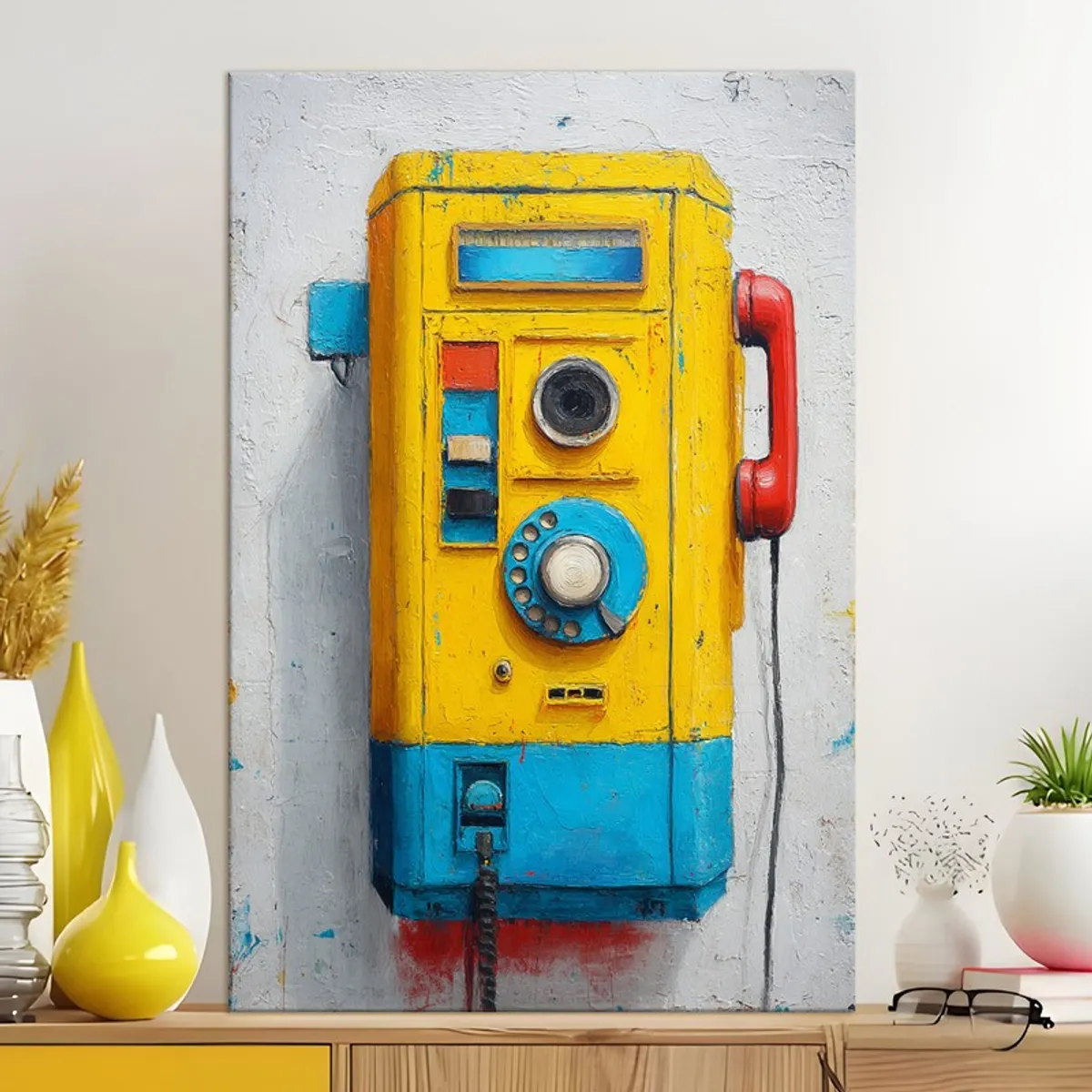 Large retro telephone canvas wall painting styled above a console
