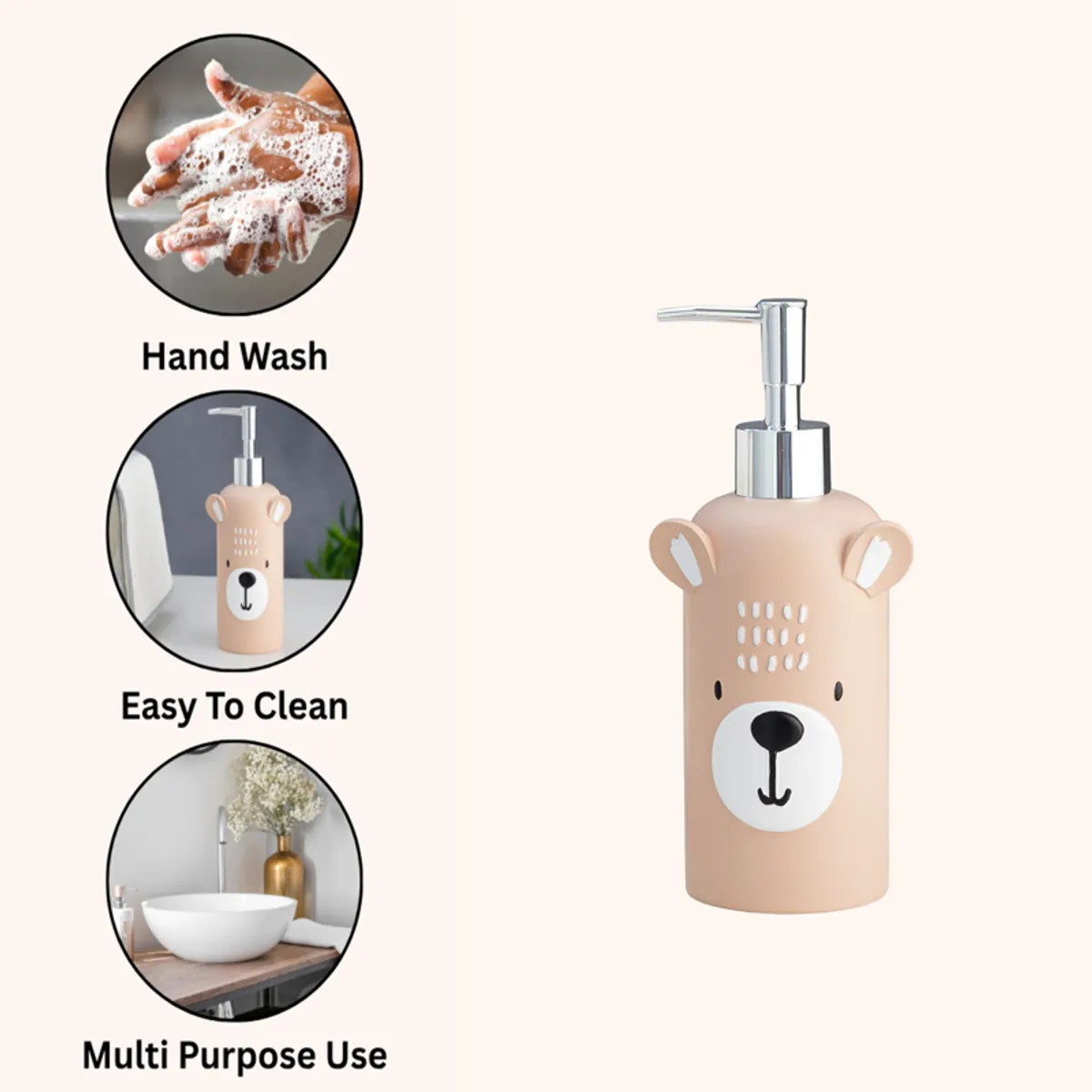 Peach bear face soap dispenser with care and use icons shown beside it