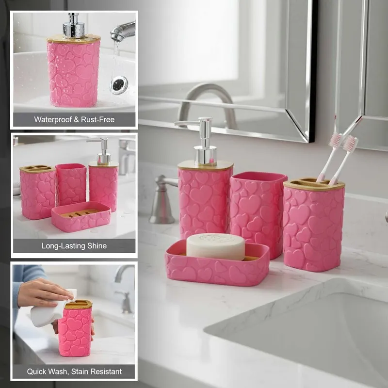 Pink bathroom set displayed beside a basin with close-up feature panels