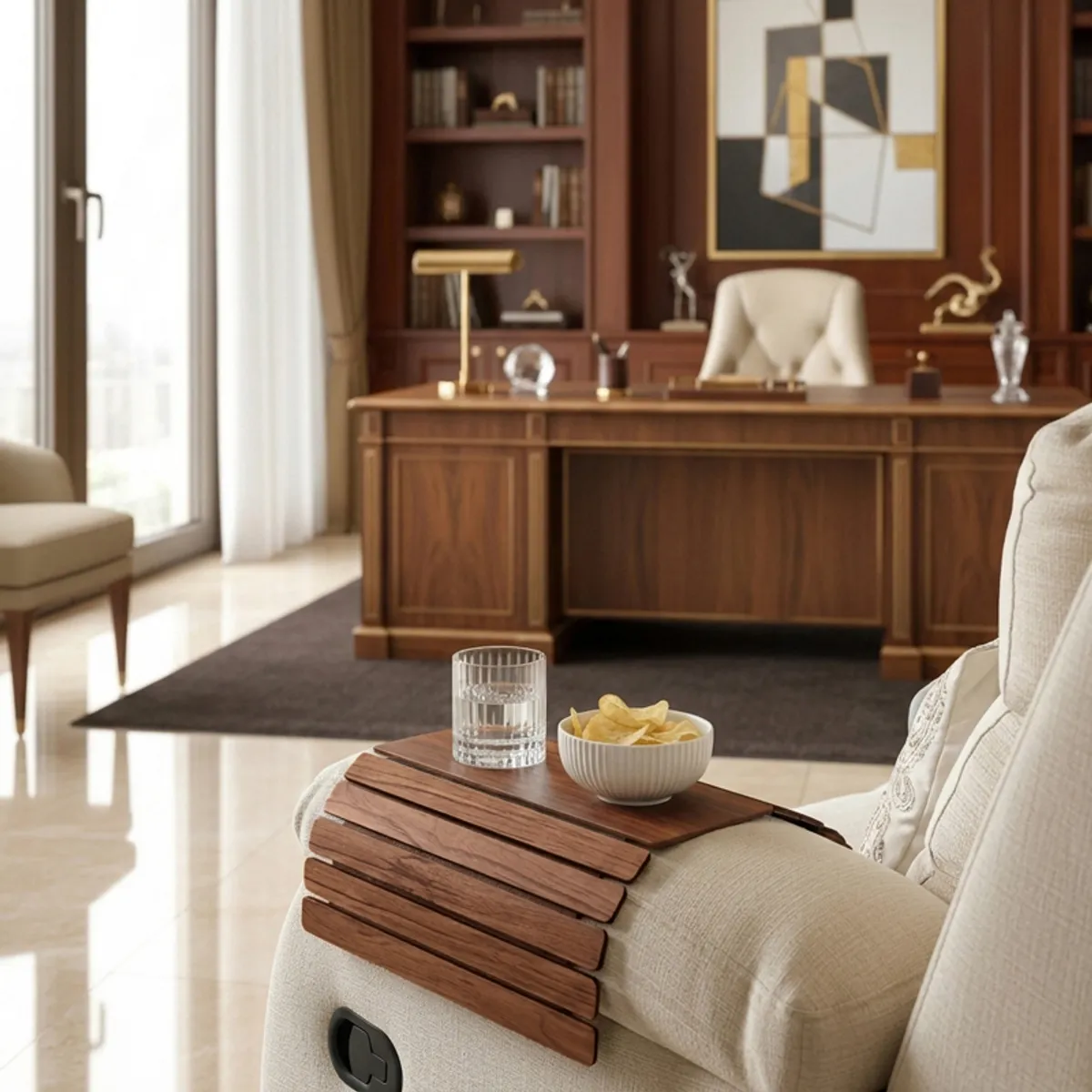 Brown sofa armrest tray holding a glass and bowl of chips