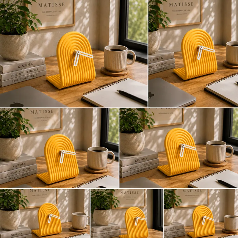 Collage of a yellow arched ribbed table clock styled on a desk
