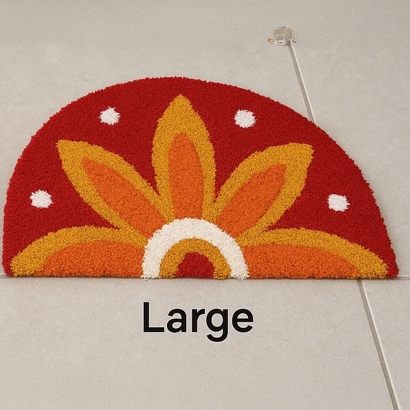 Red half-moon bath mat with a large sunflower design against a light wall