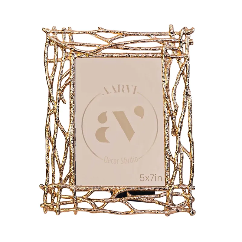 Front view of a gold rectangular photo frame with twig-inspired border