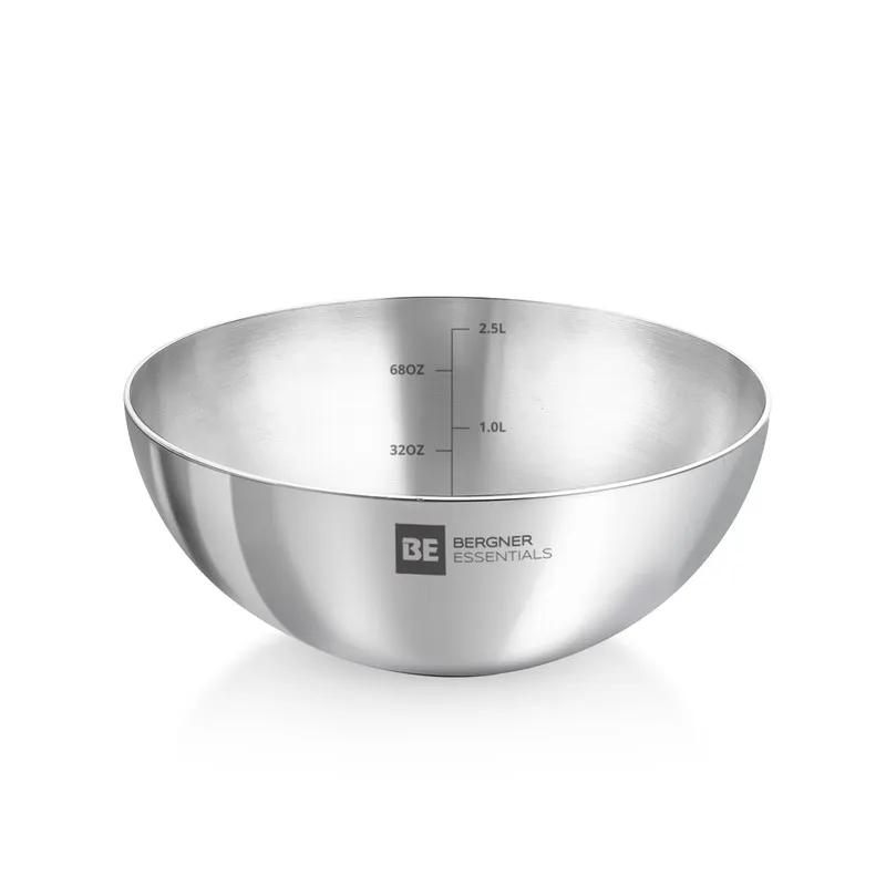 Single glossy silver round mixing bowl shown against a white background