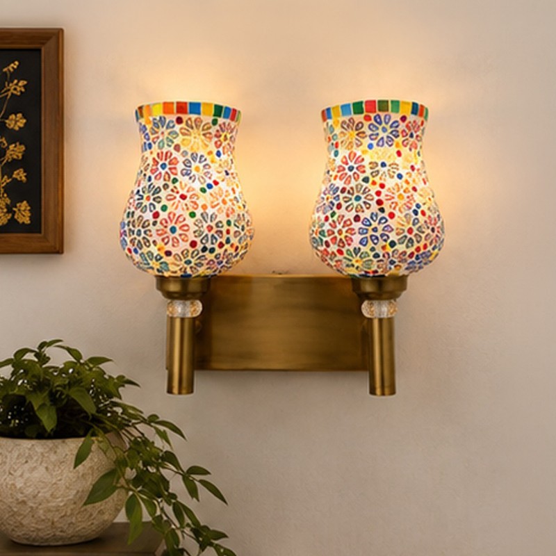 Floral Mosaic Twin Glass Wall Lamp - Multicolor