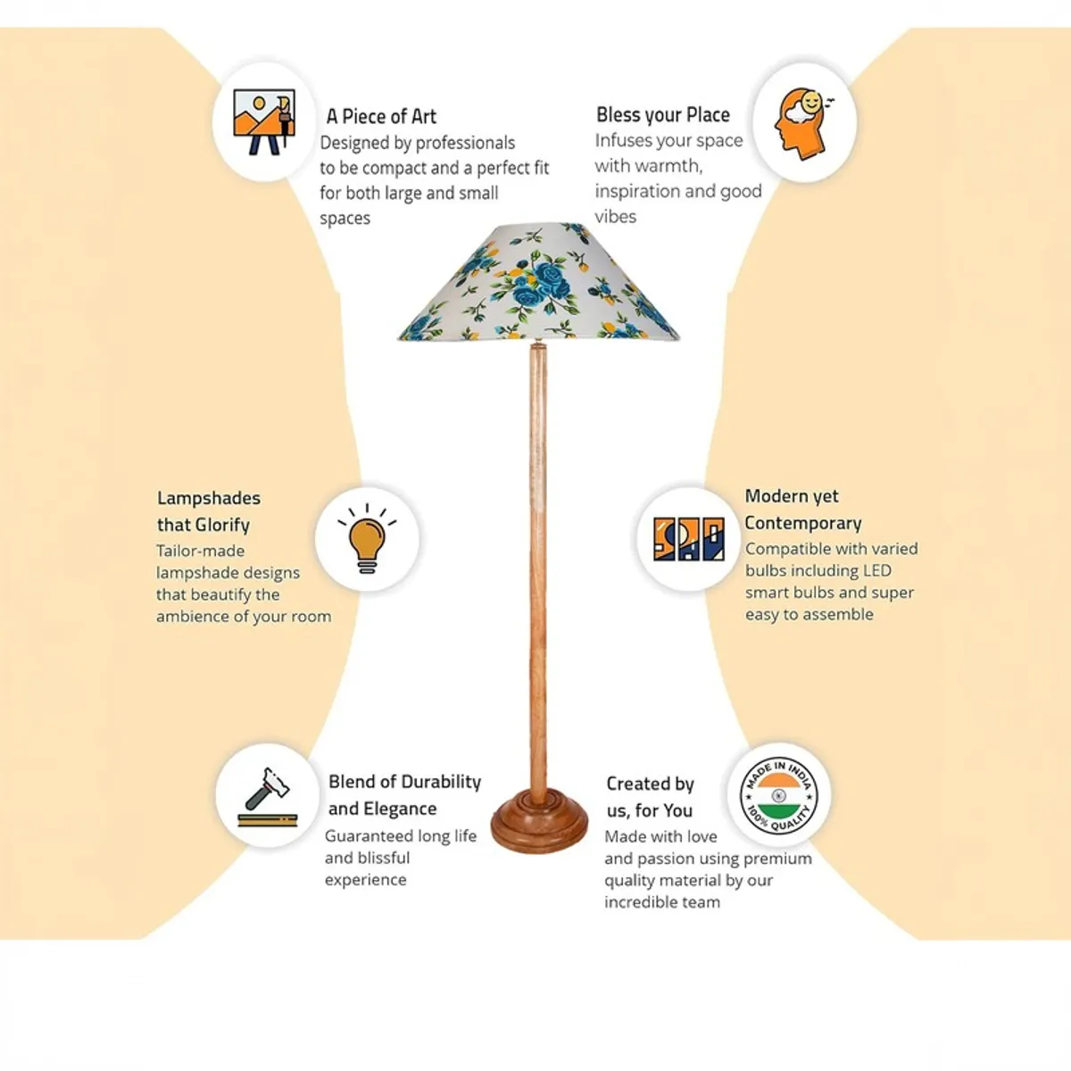 Floor lamp with floral shade shown with decorative feature icons around it