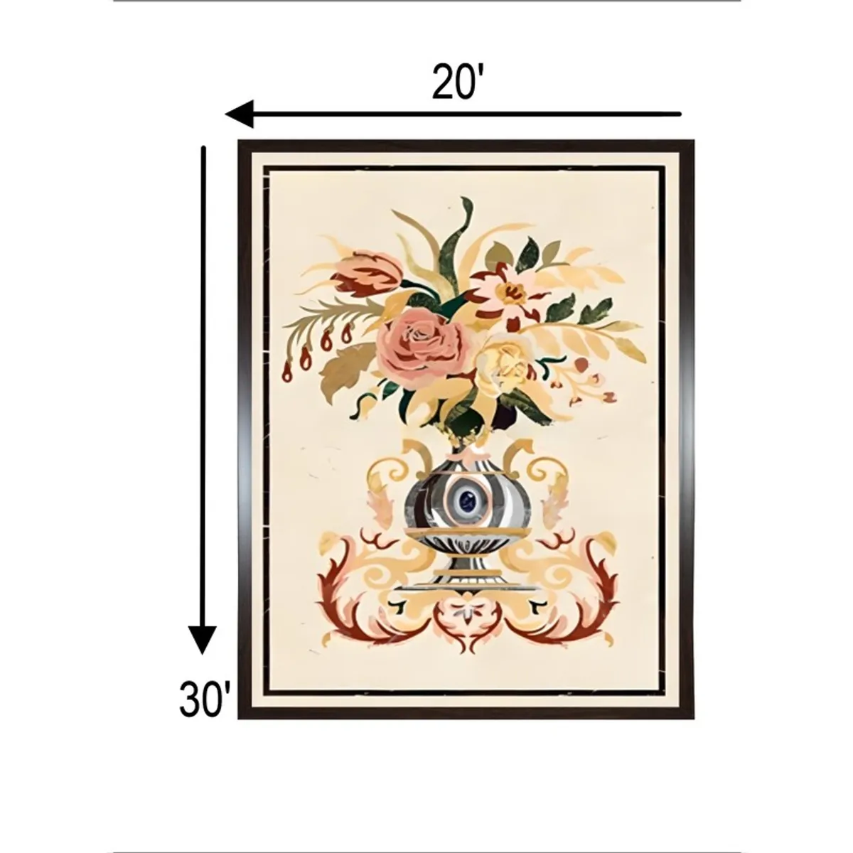 Framed floral wall painting shown with 20 x 30 inch proportions