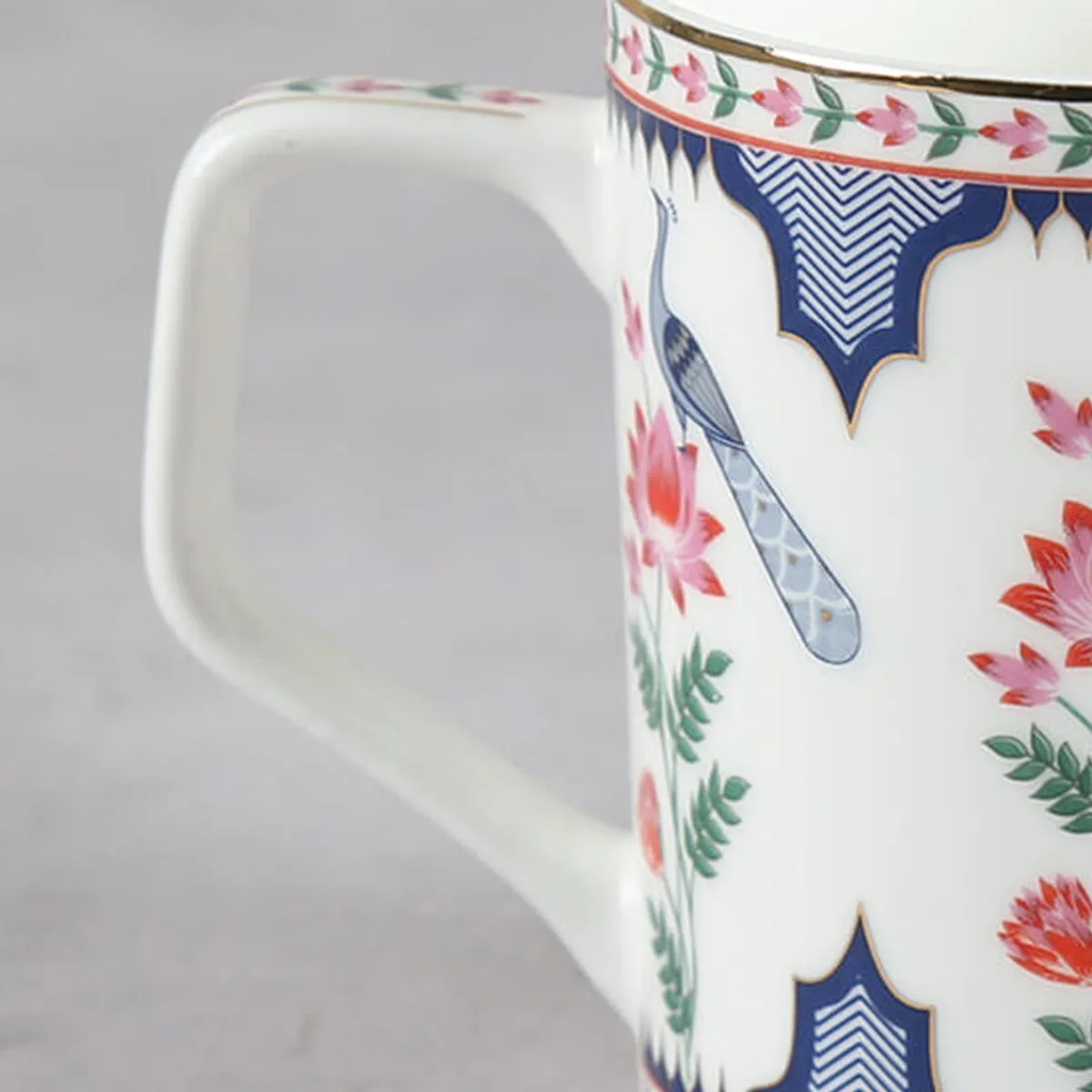 Close-up of the tea cup handle and printed body