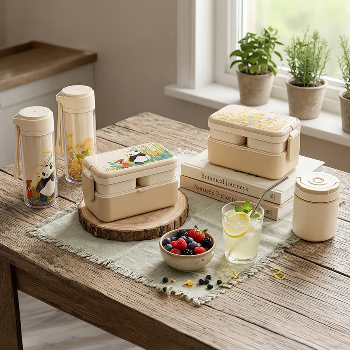 Beige floral lunch box styled with matching drinkware on a rustic table