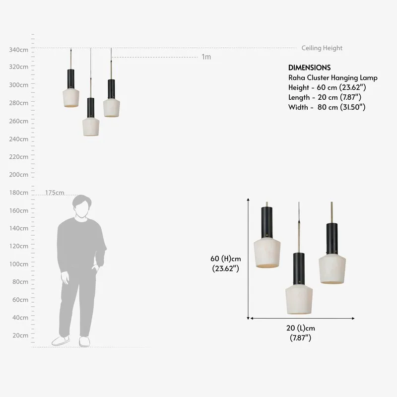 Dimension reference graphic for the three-light ceiling lamp