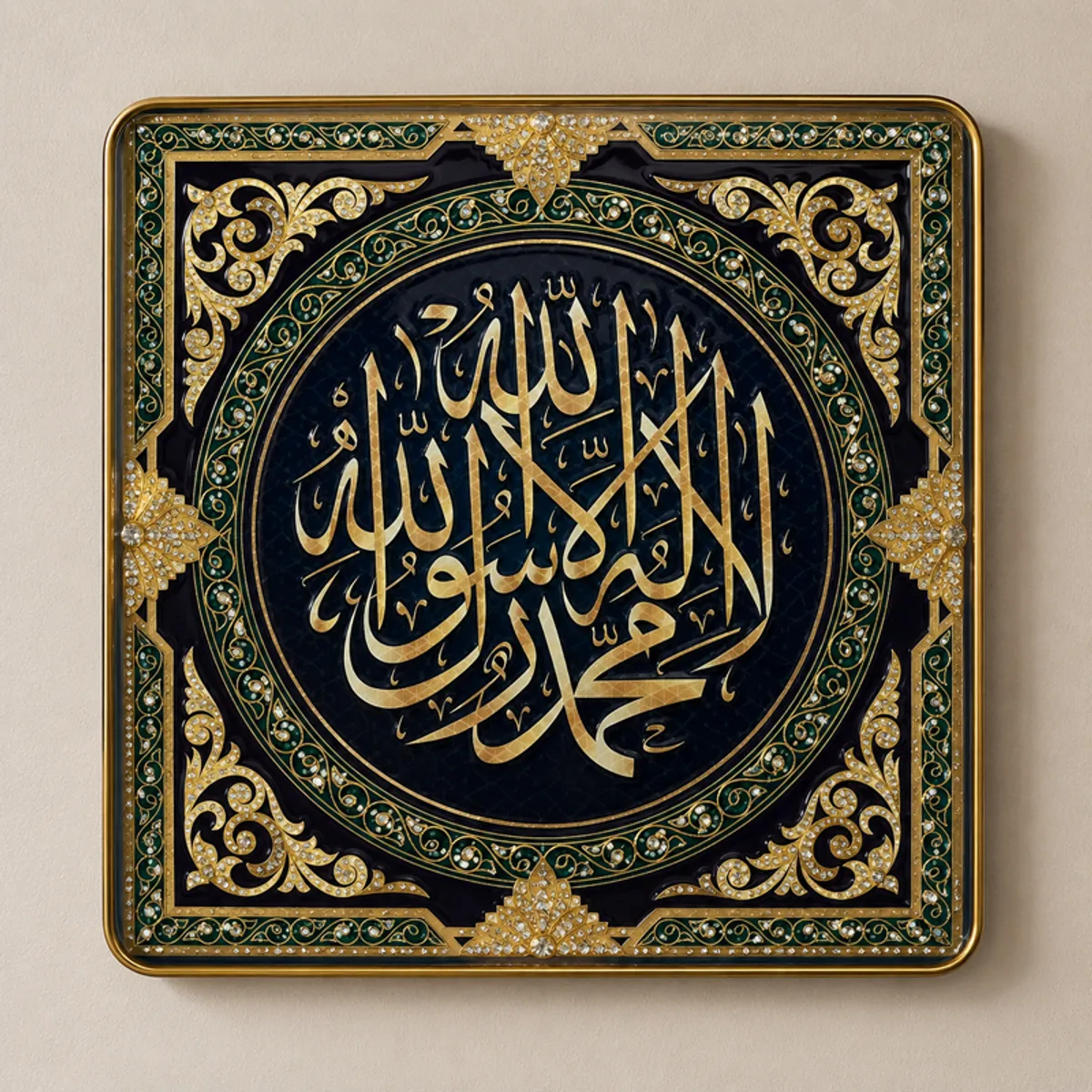 Close view of square framed gold Arabic calligraphy wall art with green and black ornamentation