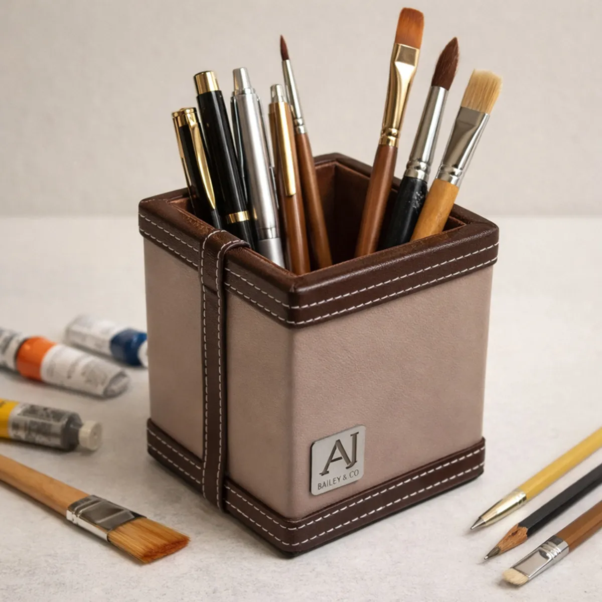 Grey and brown square pen stand holding pens and paintbrushes on a work surface