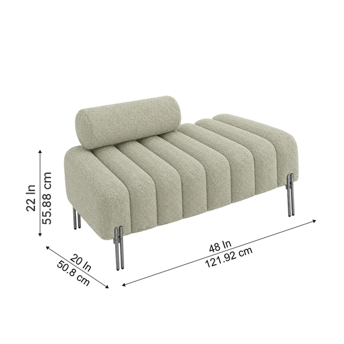 Sage green bench shown with dimensions and a cylindrical backrest
