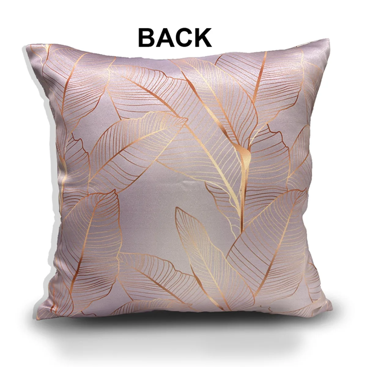 Single pink cushion cover with gold leaf print shown from the back