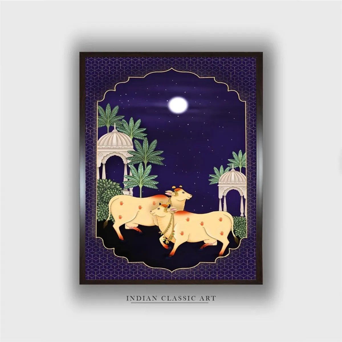 Front view of framed moonlit cow courtyard painting with deep blue sky