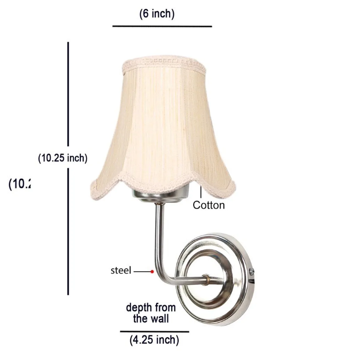 White cotton wall lamp shown with labelled dimensions and steel base