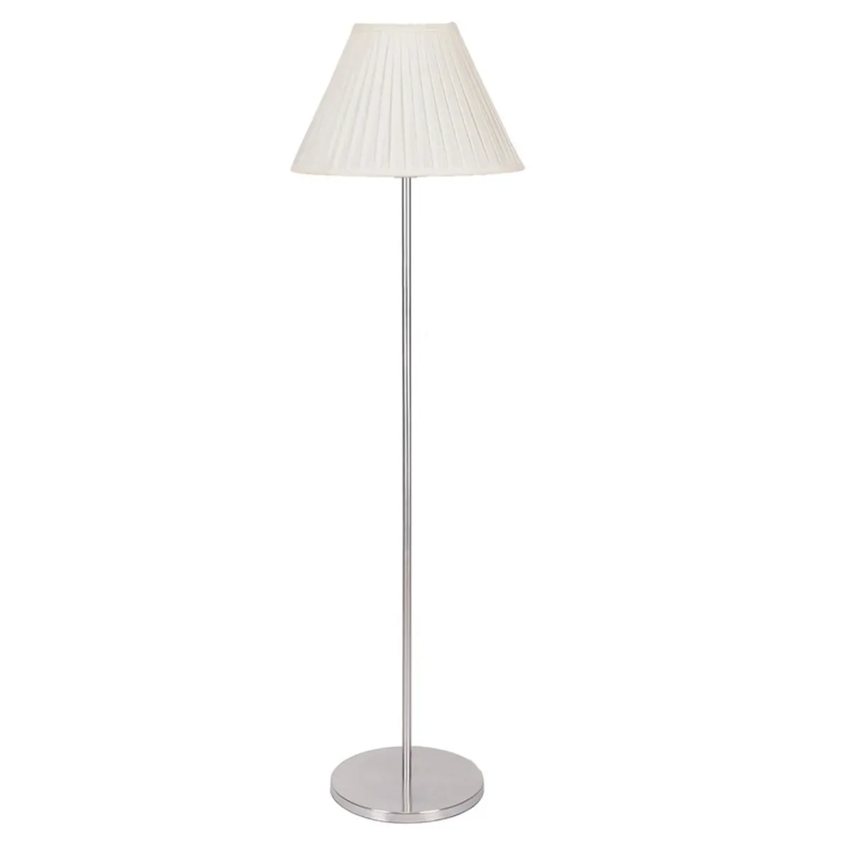 White pleated floor lamp with slim metal stand on a plain white background
