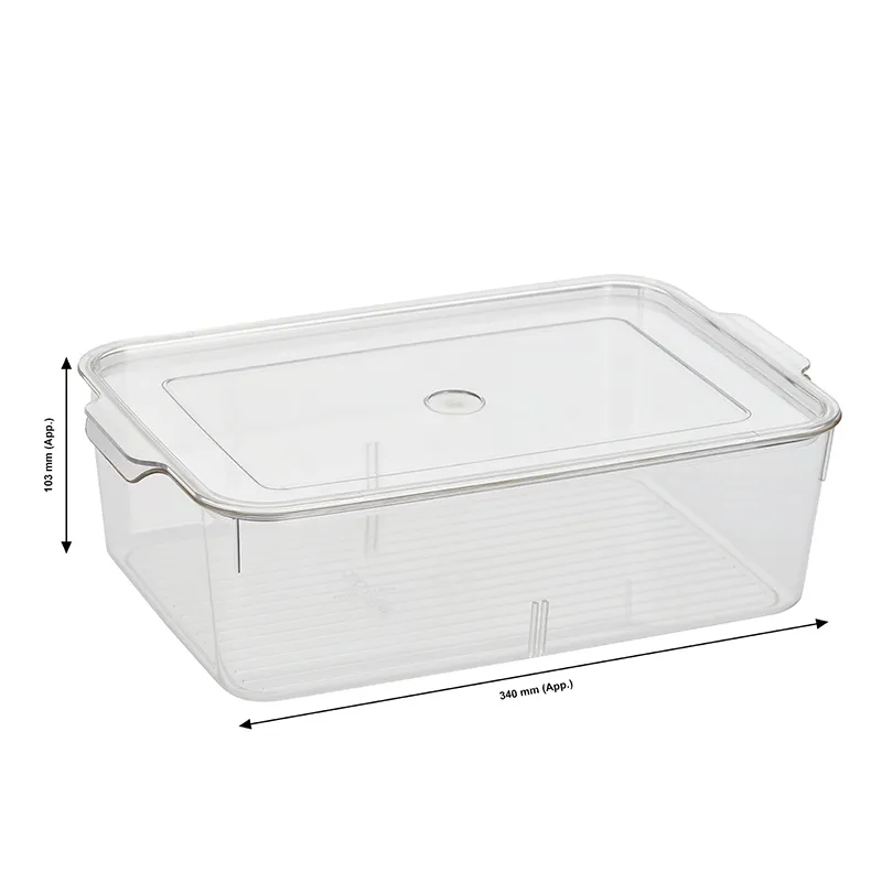 Clear fridge organiser with lid and visible length and height markings