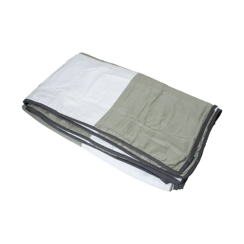 Folded green and white dohar with grey border on a white background