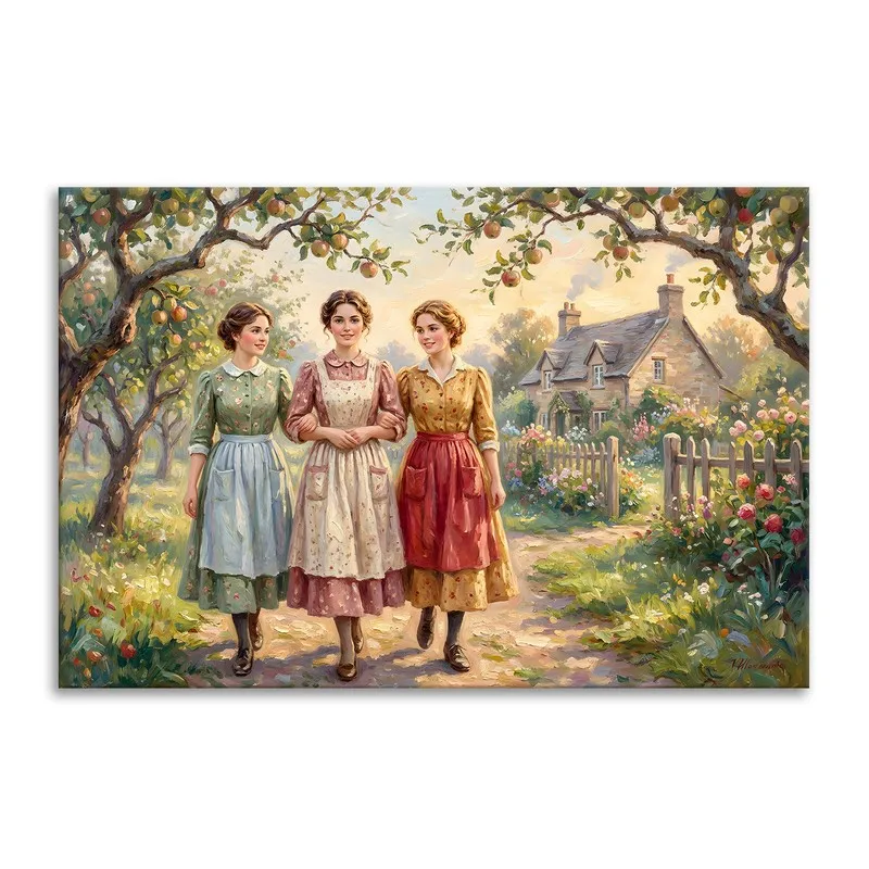 Rectangular canvas painting of three women on a garden path with a cottage in the background