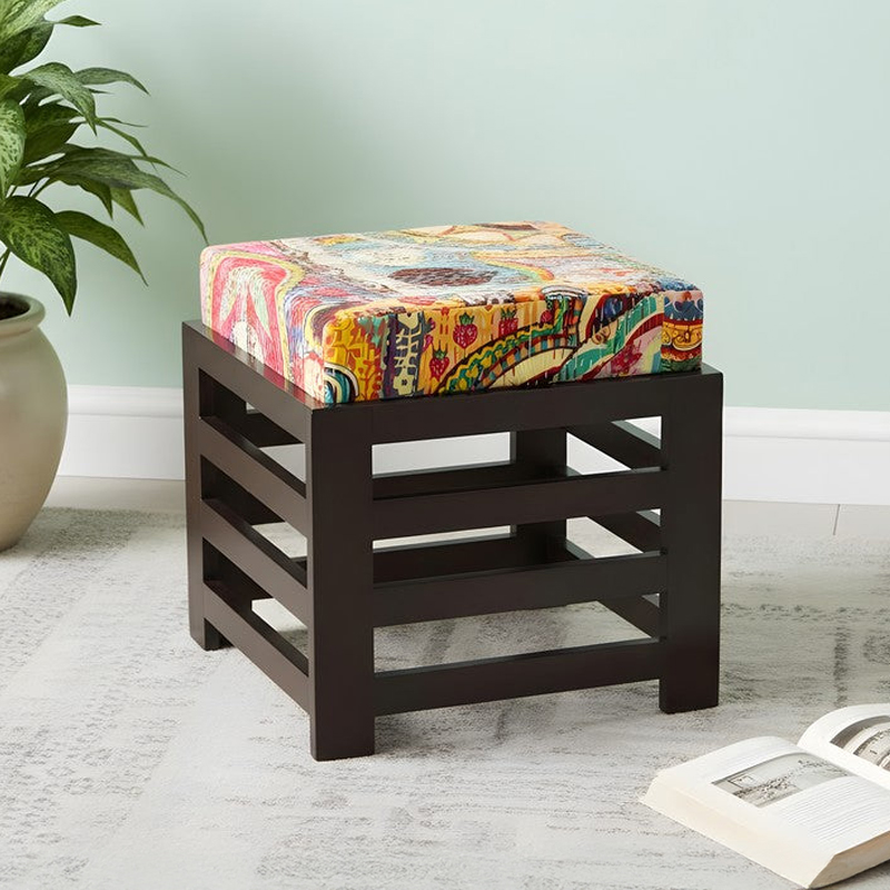Vexon Sheesham Wooden Stool With Cushion - Multicolor