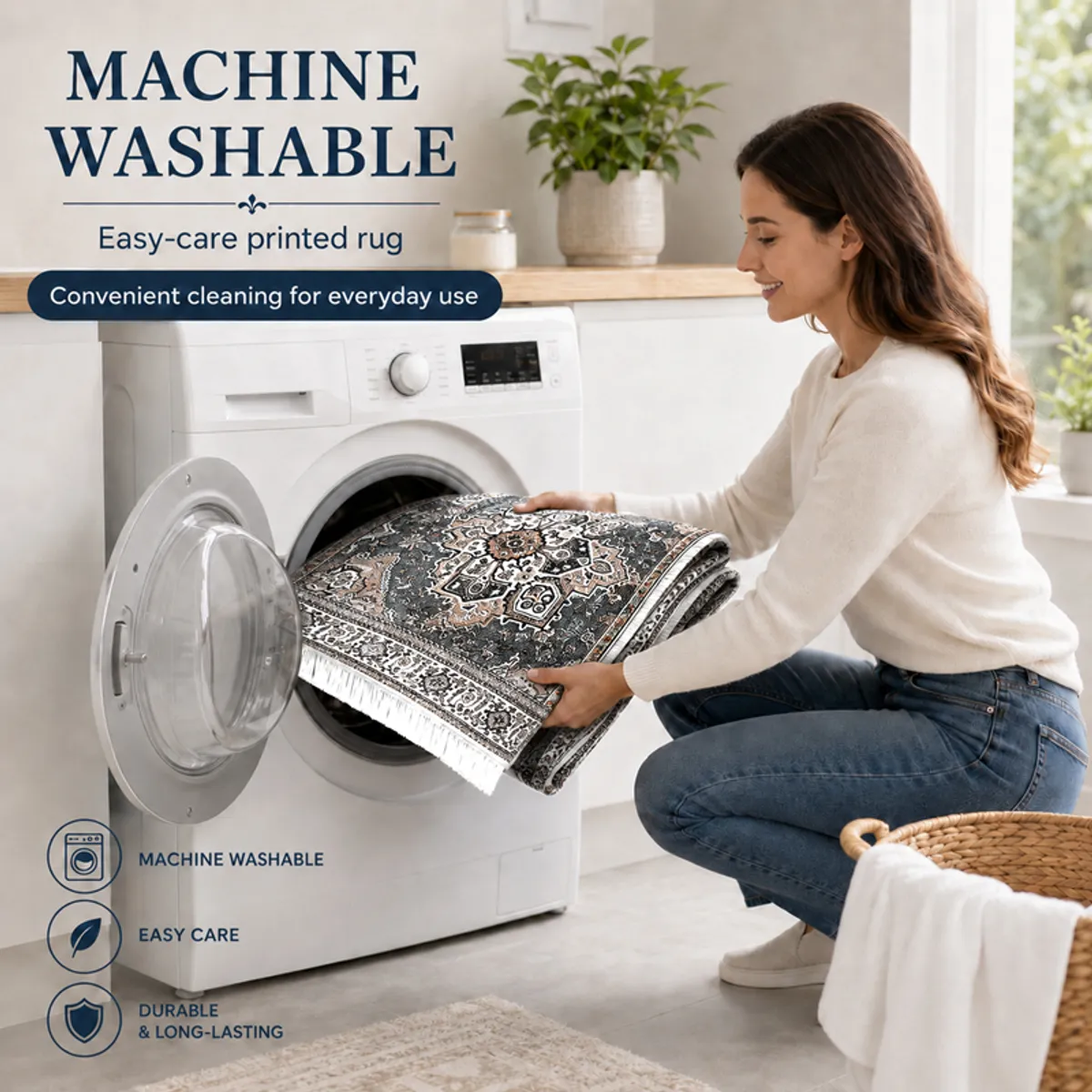 Person placing the patterned carpet into a washing machine