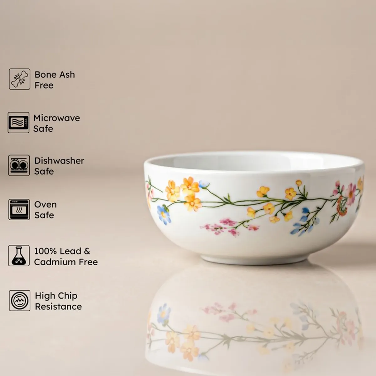 White porcelain serving bowl with floral pattern on a beige backdrop