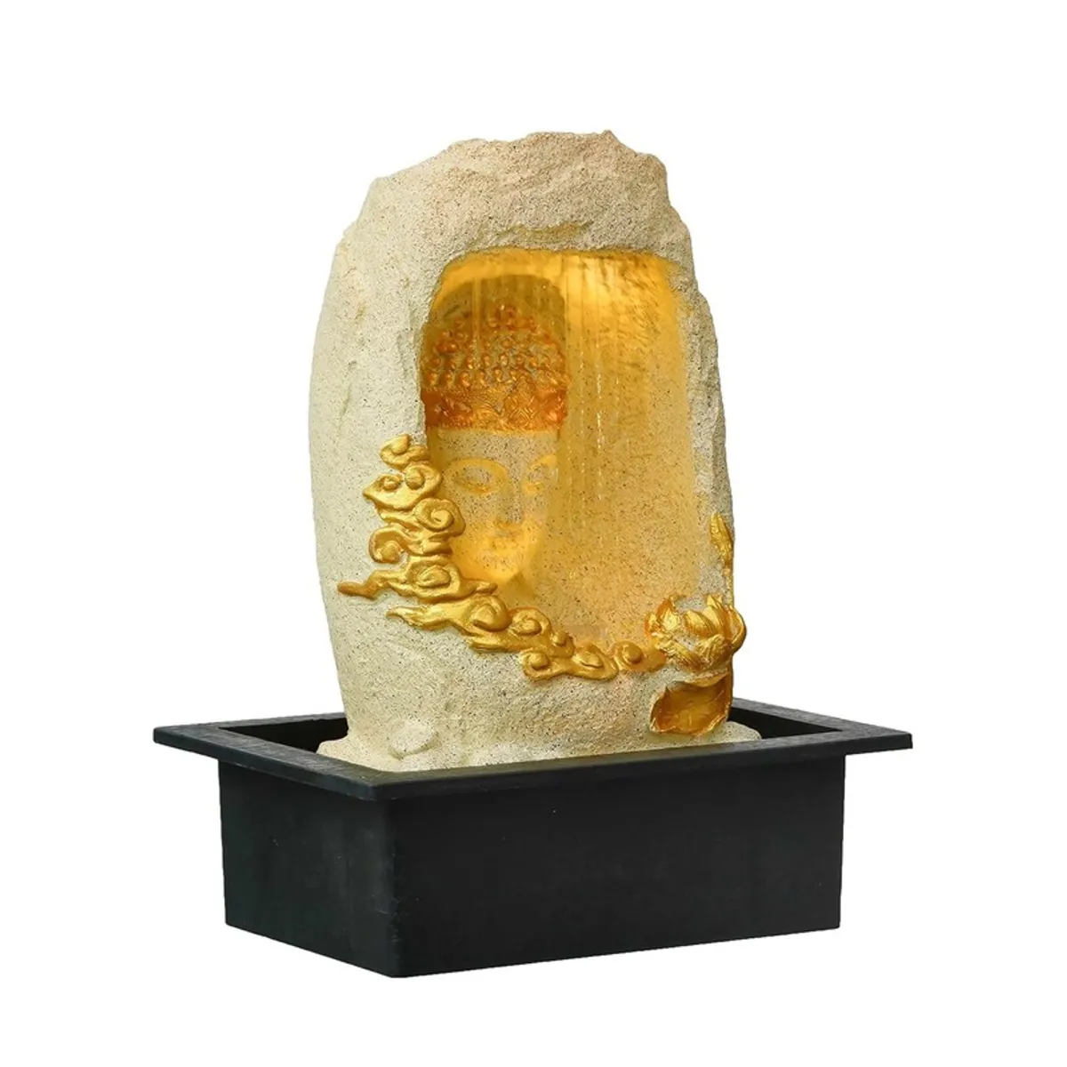 Angled view of ivory Buddha fountain with gold detailing and black base