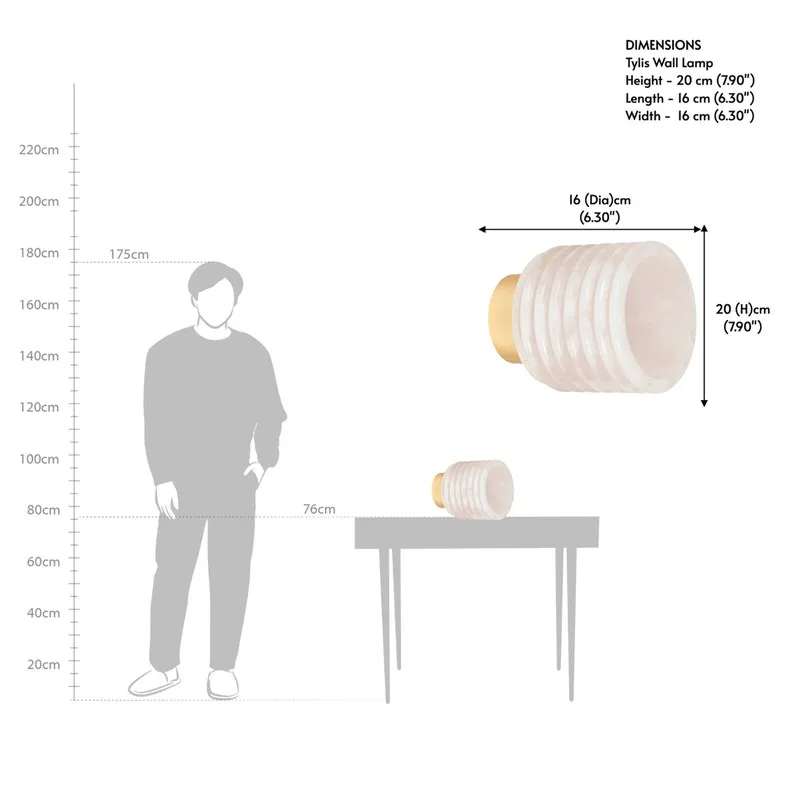 Dimension reference image of the ivory ribbed wall lamp