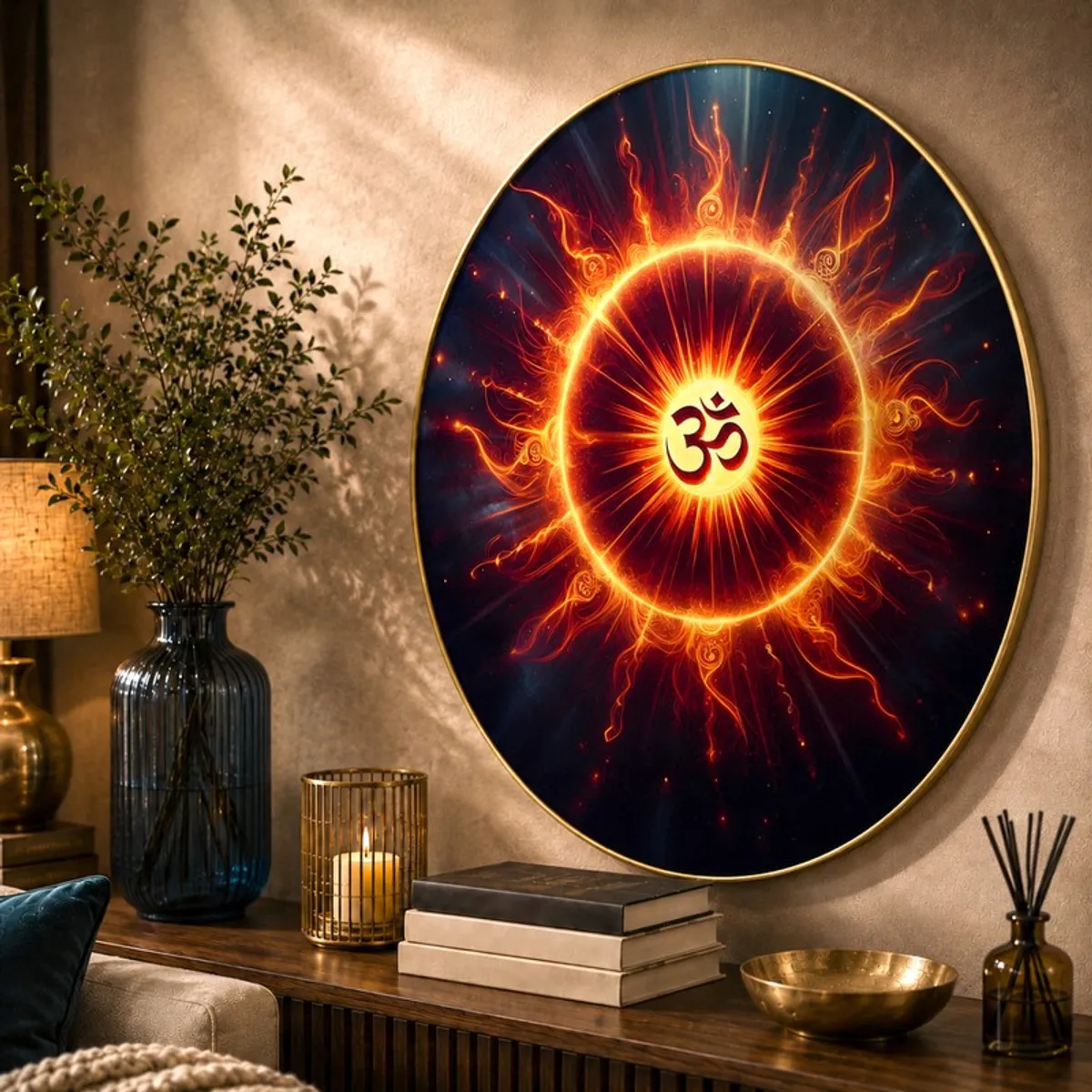 Close angled view of round Om wall art with fiery circular design