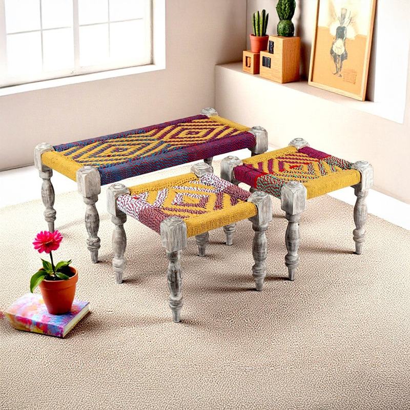 Fuvon Sheesham Wooden Bench With Stools (Multicolor) - Three Piece Set