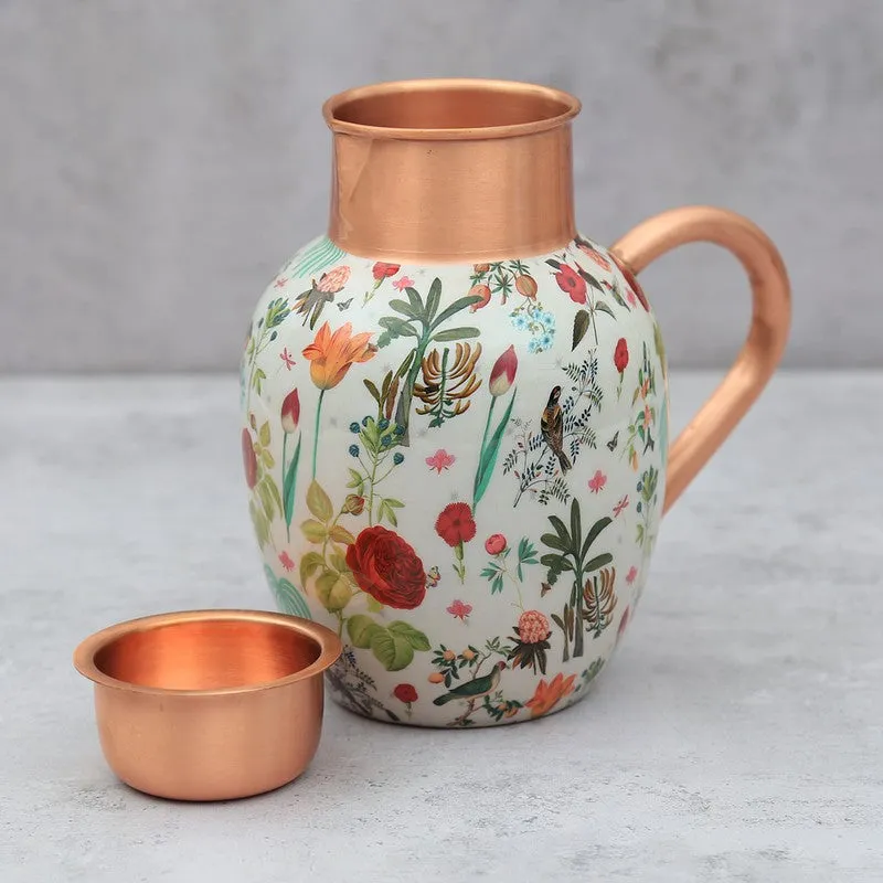 Copper jug with colourful botanical artwork and matching tumbler