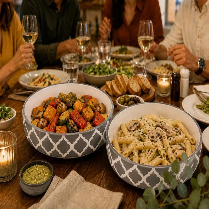 Blue and white patterned bowls filled with food at a dining table.
