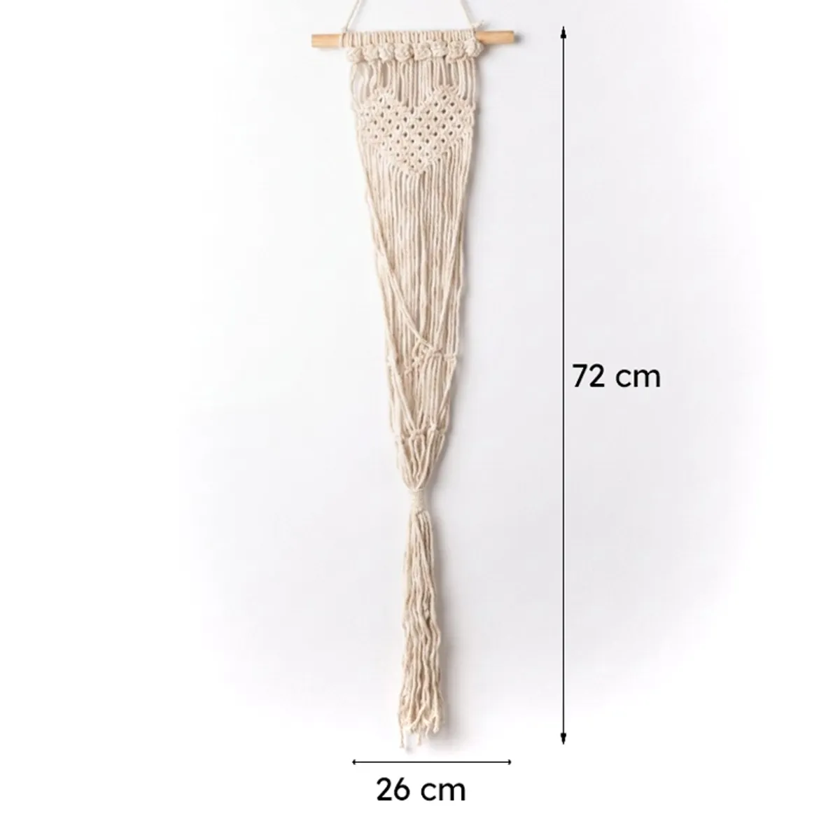 White macrame planter shown with dimension markings on a plain background