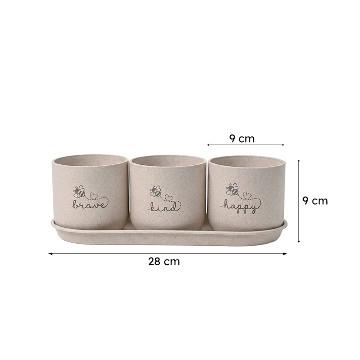 Three beige planters on a tray with dimension arrows shown around the set