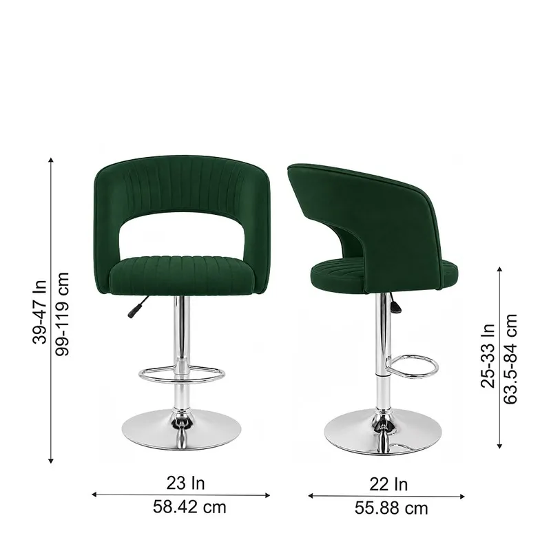 Front and side views of green bar chair with dimension arrows