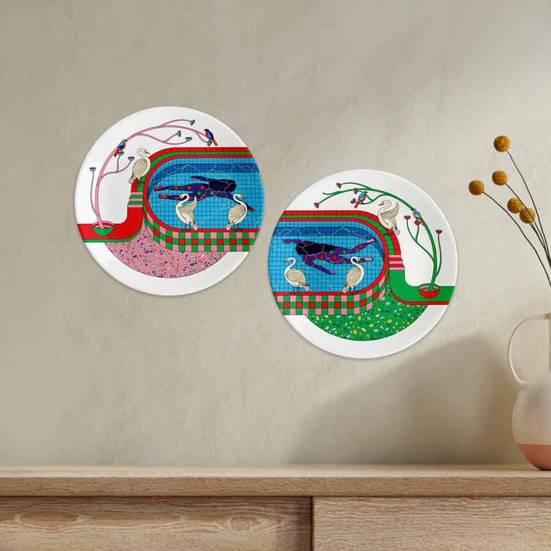 Riverside Folkscape Ceramic Wall Plate - Set of Two