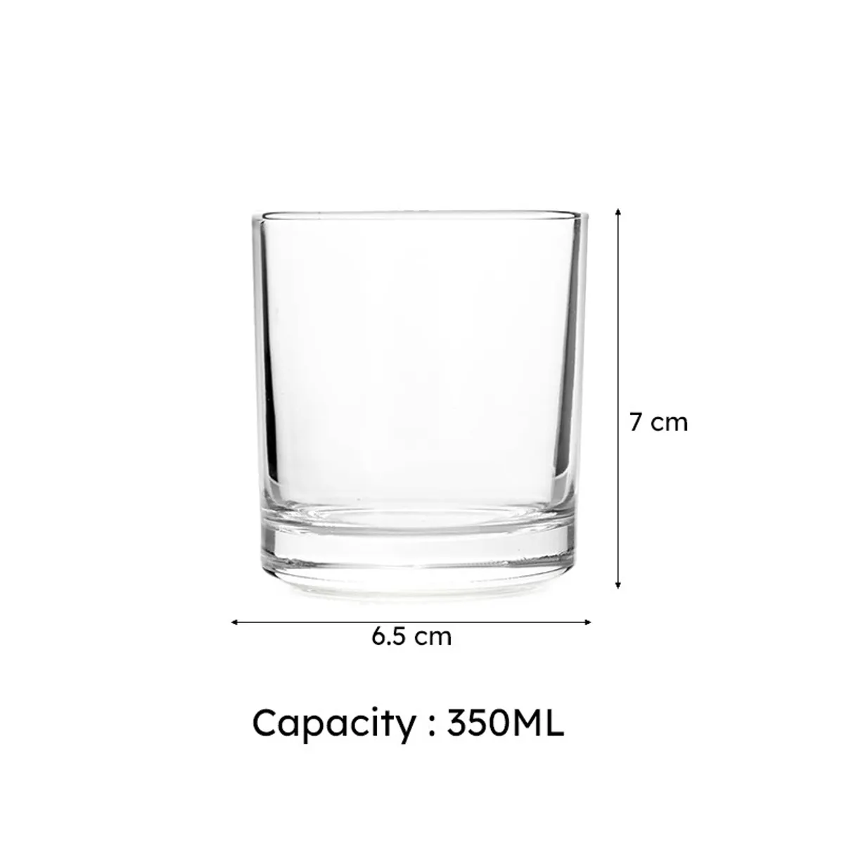 Single clear glass shown with 6.5 cm width and 7 cm height markings