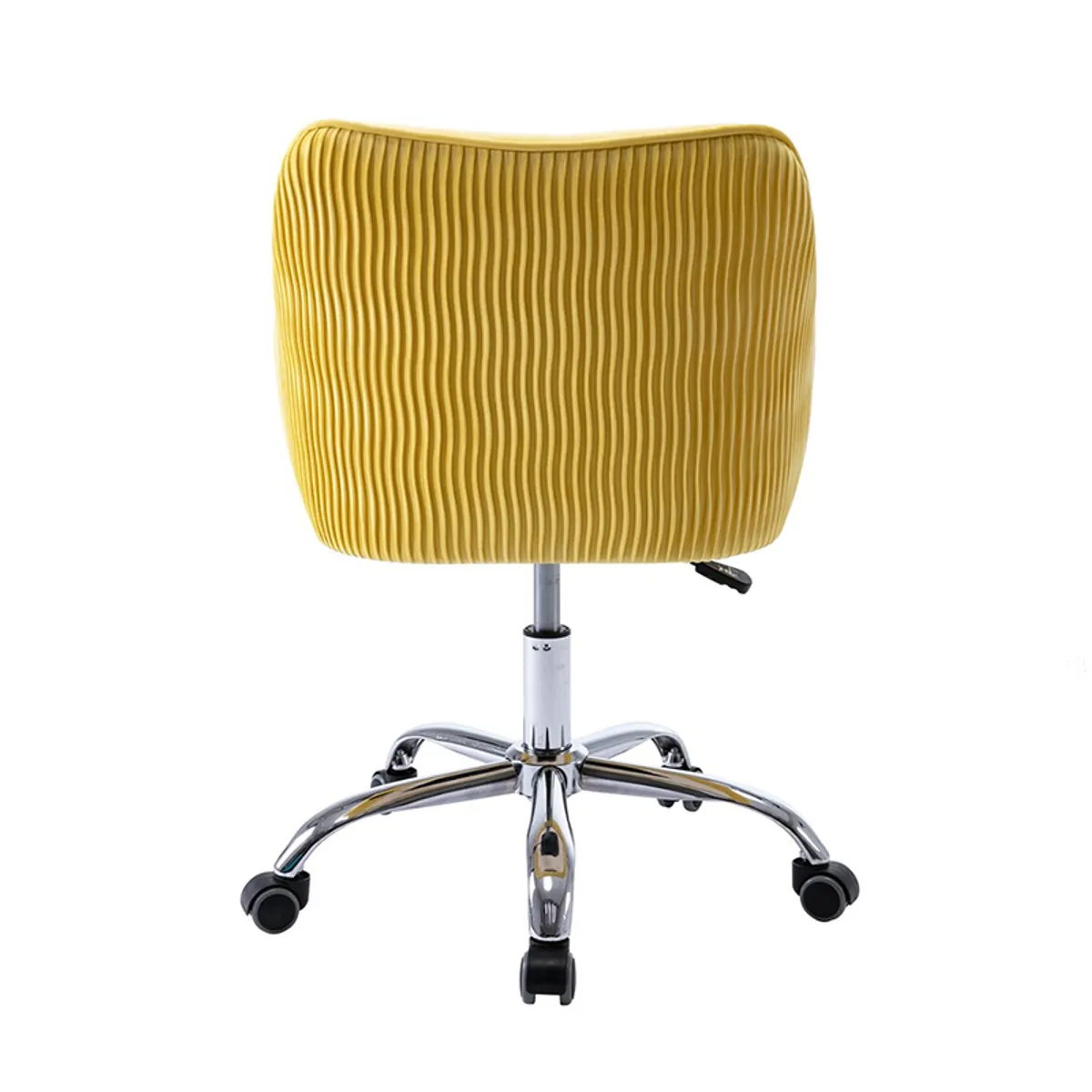 Rear view of a yellow office chair showing its ribbed upholstered back and chrome base.