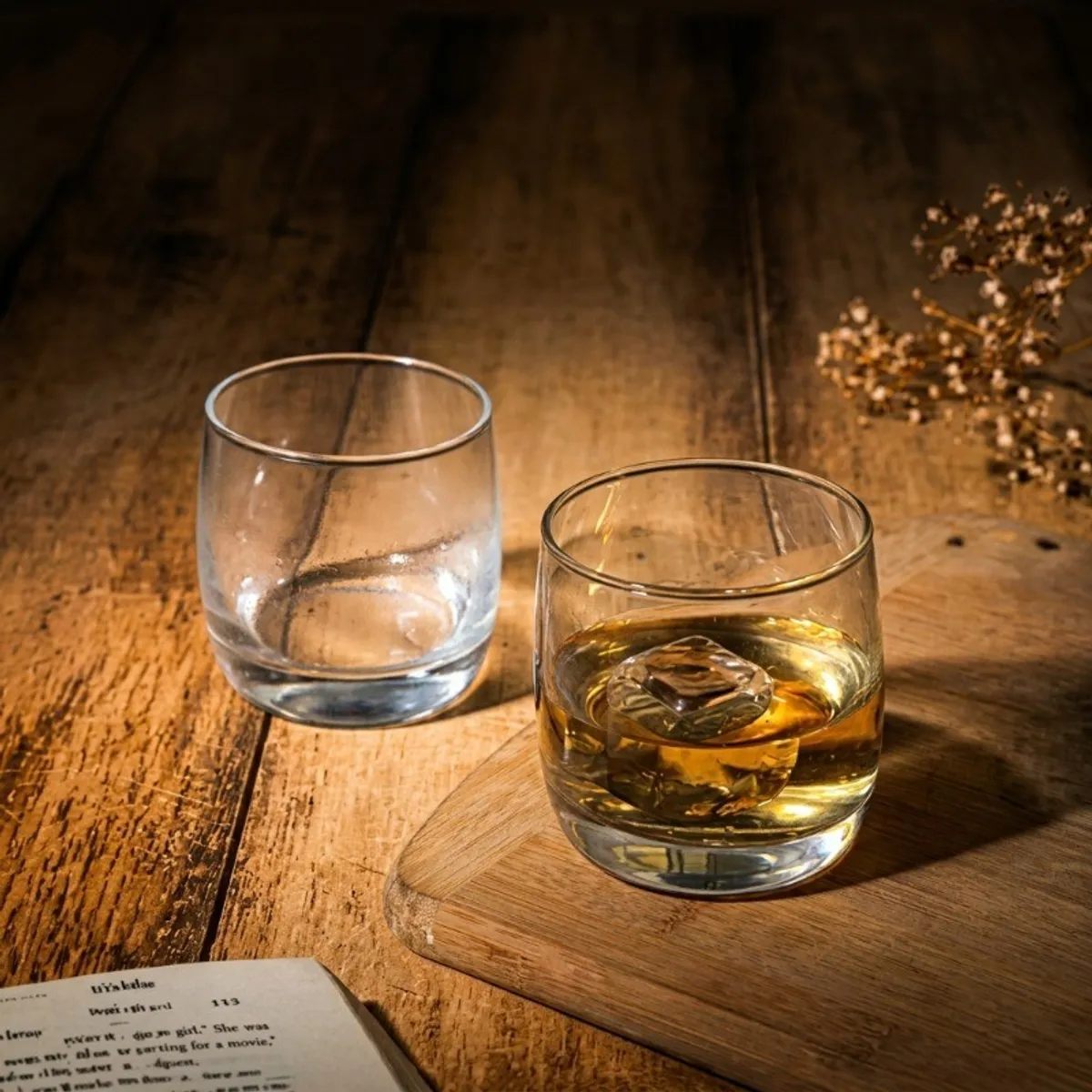 Two transparent tumblers, one filled with an amber beverage and ice