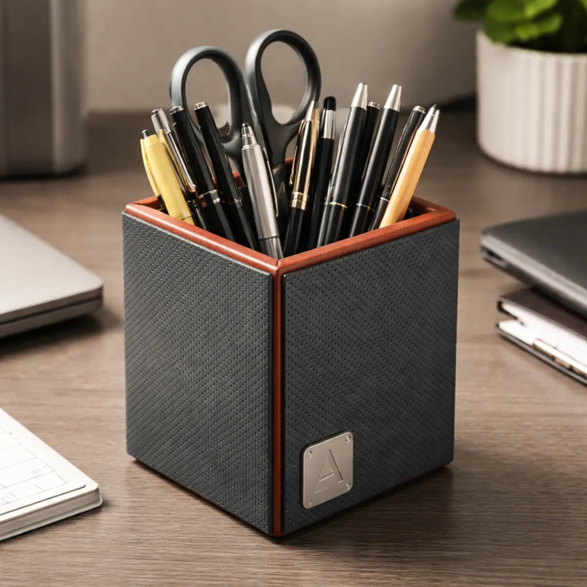 Grey and brown textured pen stand holding pens, pencils and scissors