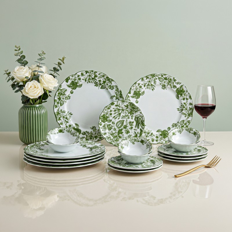 Hearthline Porcelain Dinner Set (Green & White) - 18 Piece Set