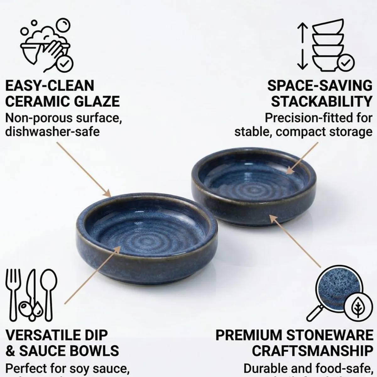 Two blue ceramic dip bowls on a white background