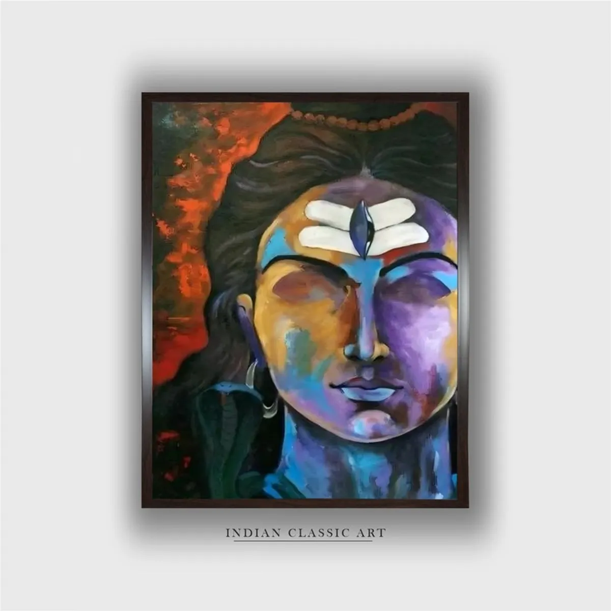 Front view of framed multicolour Meditative Shiva wall painting
