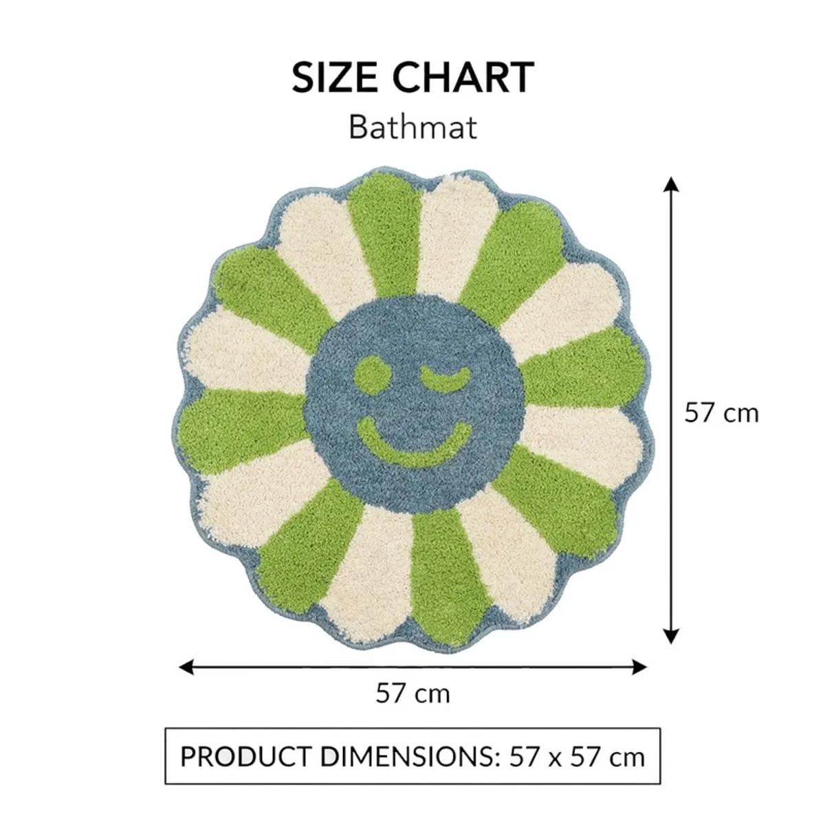 Size illustration showing the round bath mat measuring 57 by 57 cm.