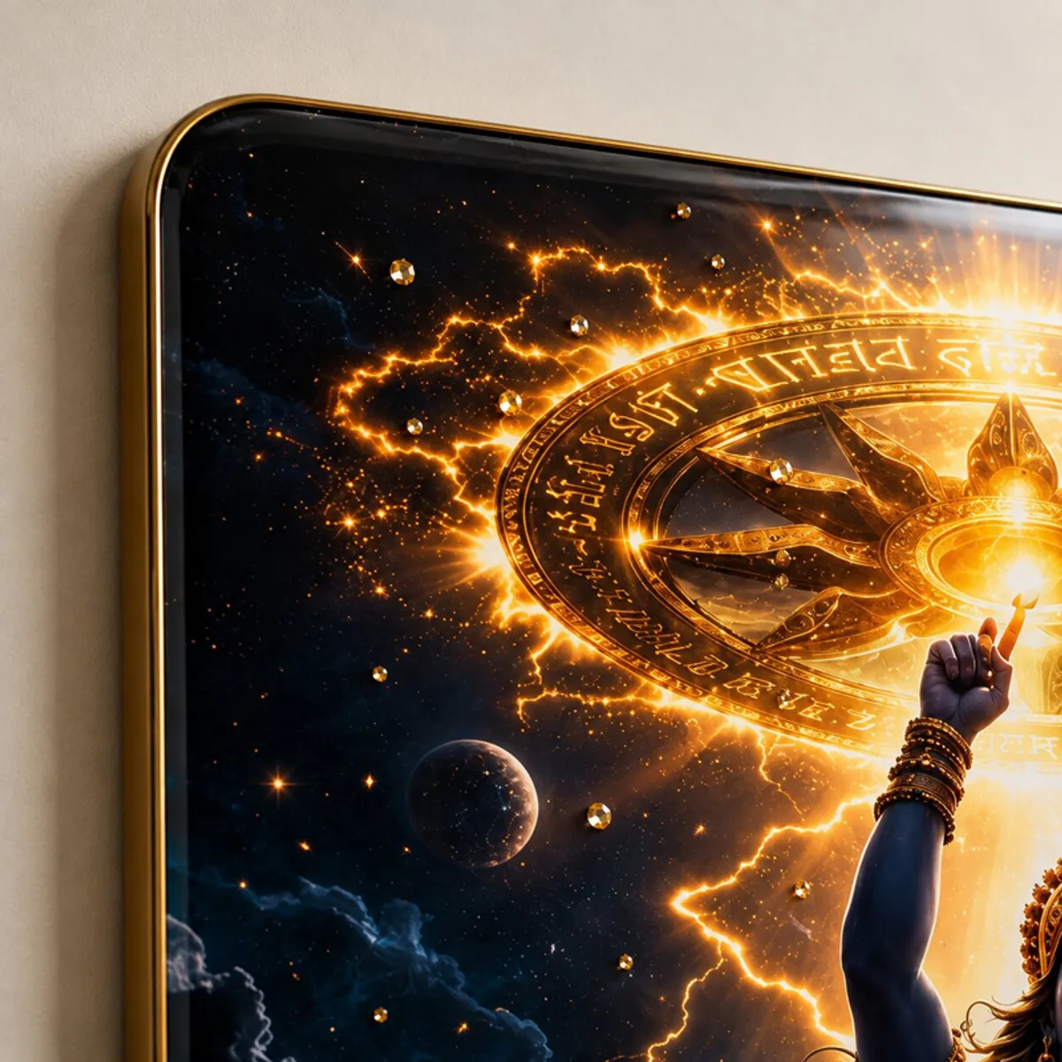 Close-up of glossy framed wall art showing golden Chakra and crystal embellishments