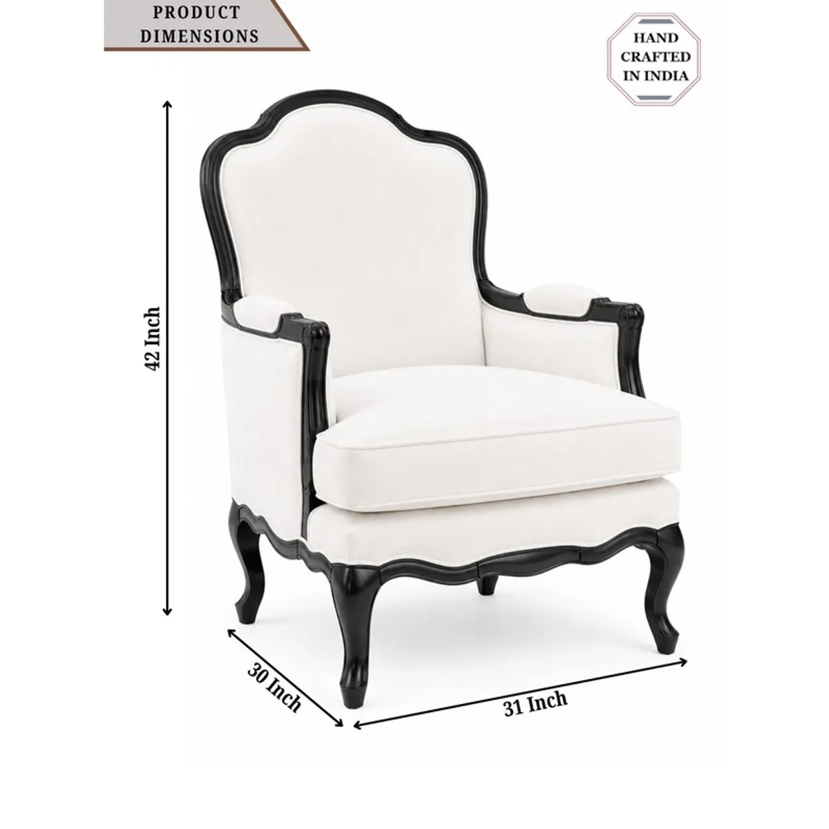 White accent chair with black frame shown with dimension arrows