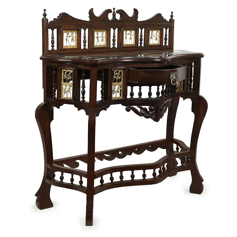 Royal teak wood console table with curved legs and central drawer on white background