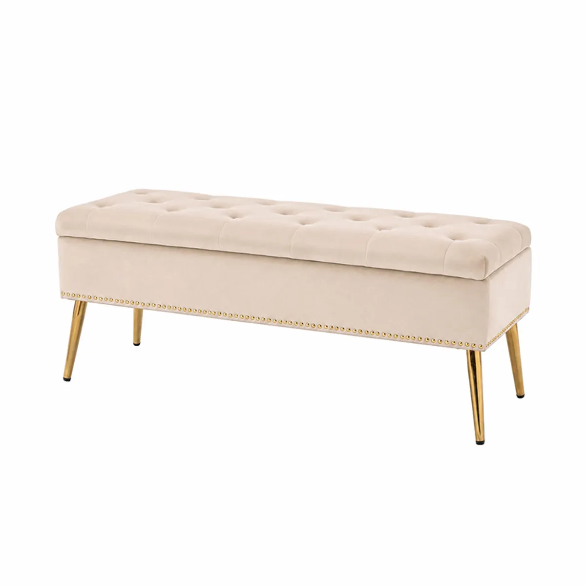 Angled view of a beige rectangular lounge bench with tufted seat and gold legs.