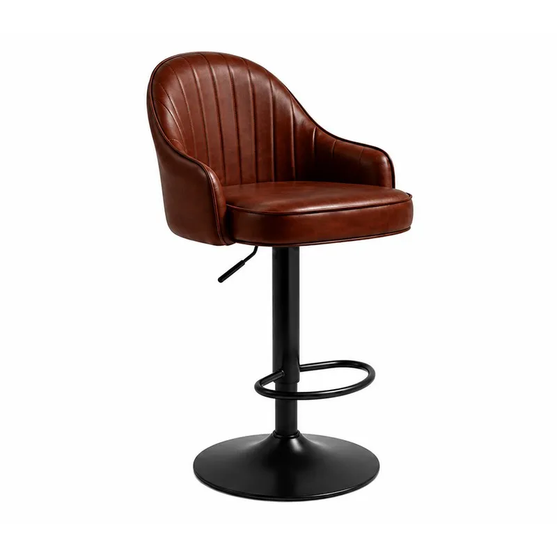 Front view of brown ribbed bar chair with black metal pedestal base
